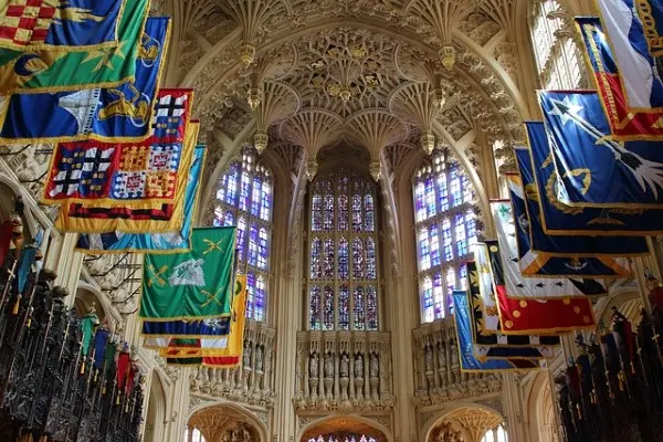 Interior of Westminster Abbey with stained glass windows